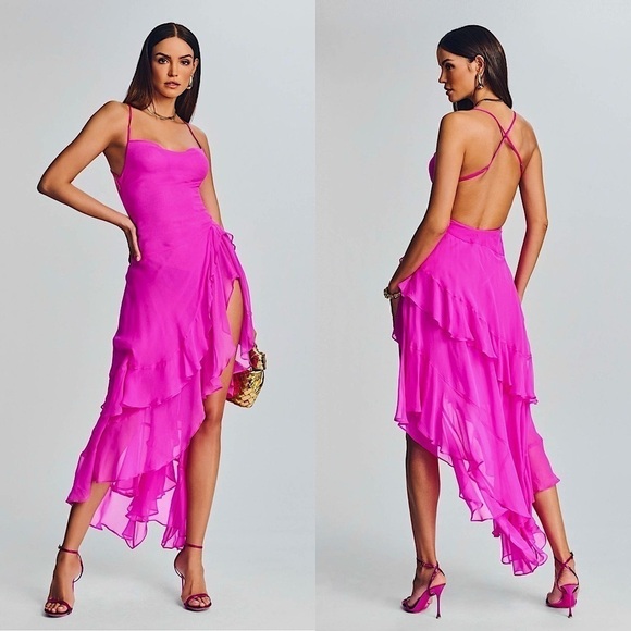 NWT RETROFETE Silk Tiered Ruffle Sleeveless Square Neck High Low Maxi Dress M - Picture 1 of 8